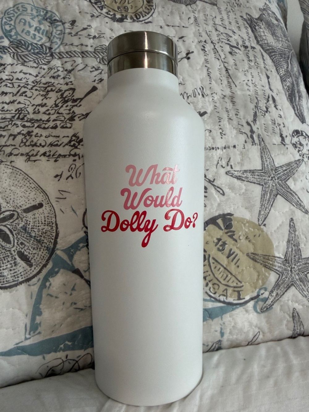 “What Would Dolly Do?” White Insulated Water Bottle H2GO Stainless Steel